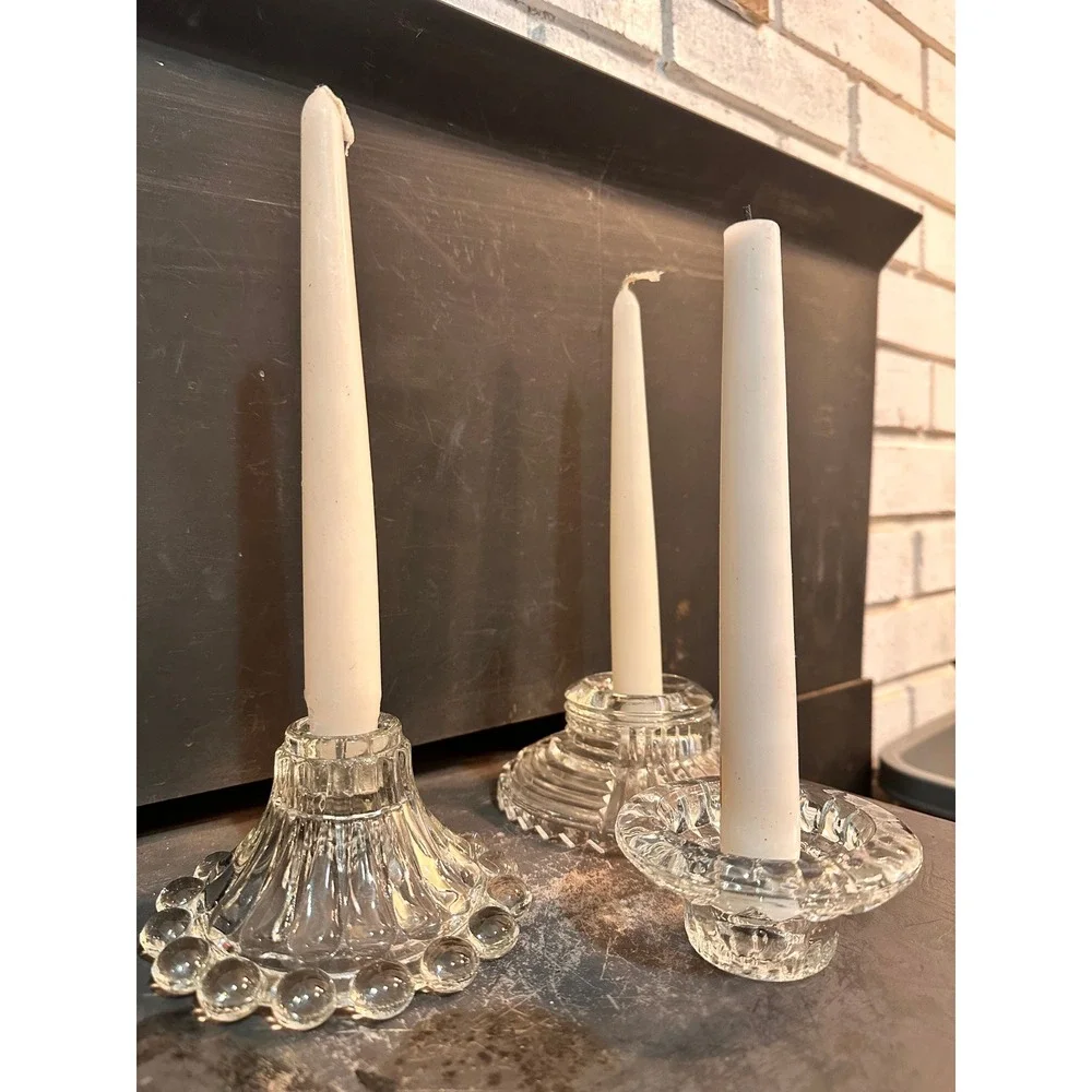 Vintage Mismatched Cottagecore Glass Taper Candle Holder Set Beaded Chamberstick